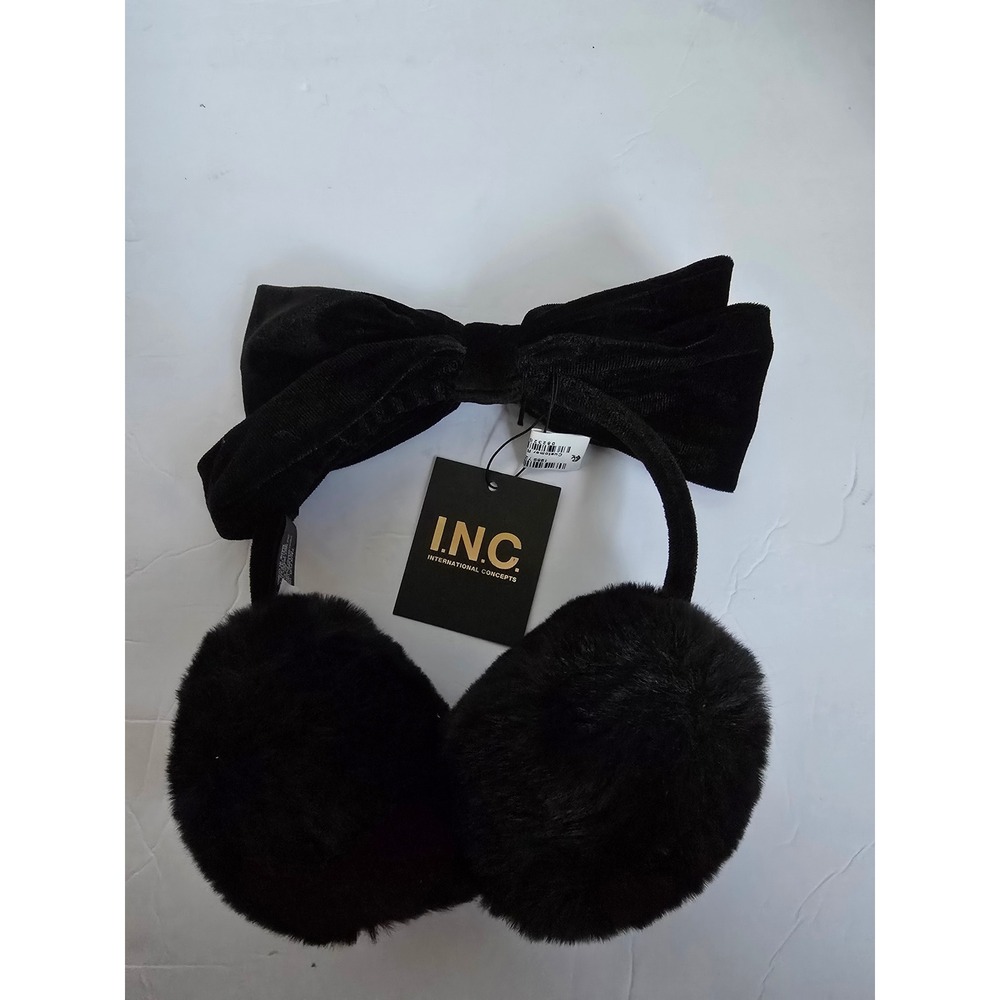 INC International Concepts Black Faux Fur Earmuffs with Velvet Bow NWT